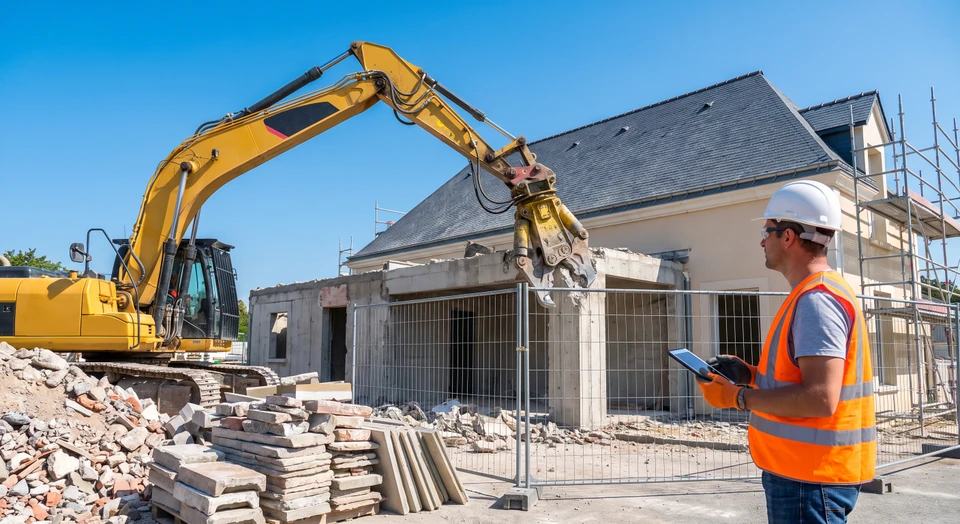 Photograph showing a professional building demolition site with heavy machinery (excavator, crusher arm) actively dismantling or deconstructing a structure, with a construction worker in safety equipment (hard hat, reflective vest) observing or directing operations, demonstrating comprehensive construction project management from demolition through reconstruction.