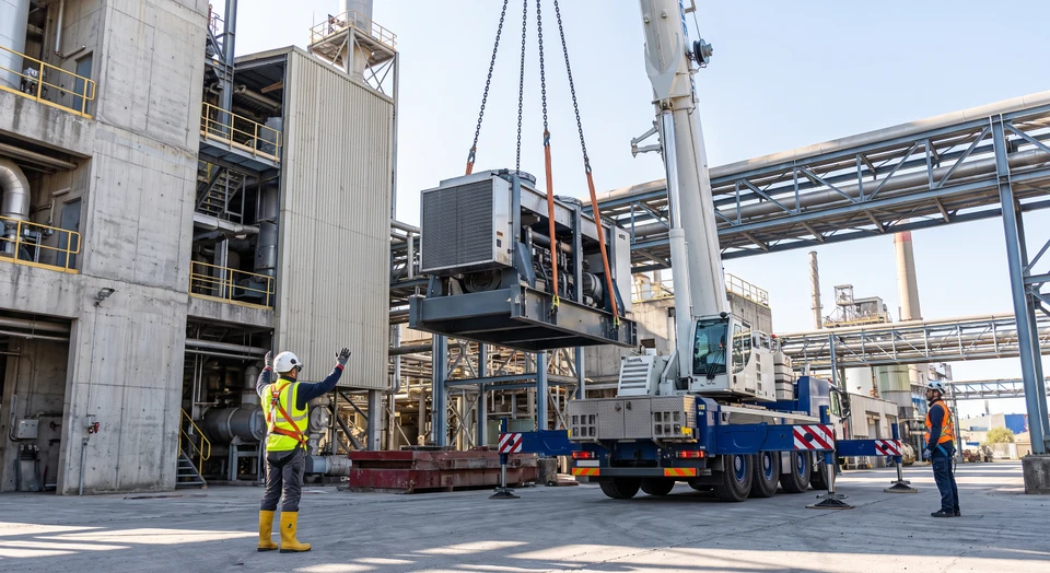 Photographie d'une grue mobile ou portique de levage industriel en action sur un site industriel, levant une machine lourde ou un équipement volumineux, avec plusieurs élingues et un professionnel en équipement de sécurité (gilet réfléchissant, casque) supervisant l'opération. L'arrière-plan montre un environnement industriel complexe avec des installations fixes. L'image doit transmettre la puissance, la précision et la capacité à gérer des configurations complexes en toute sécurité.