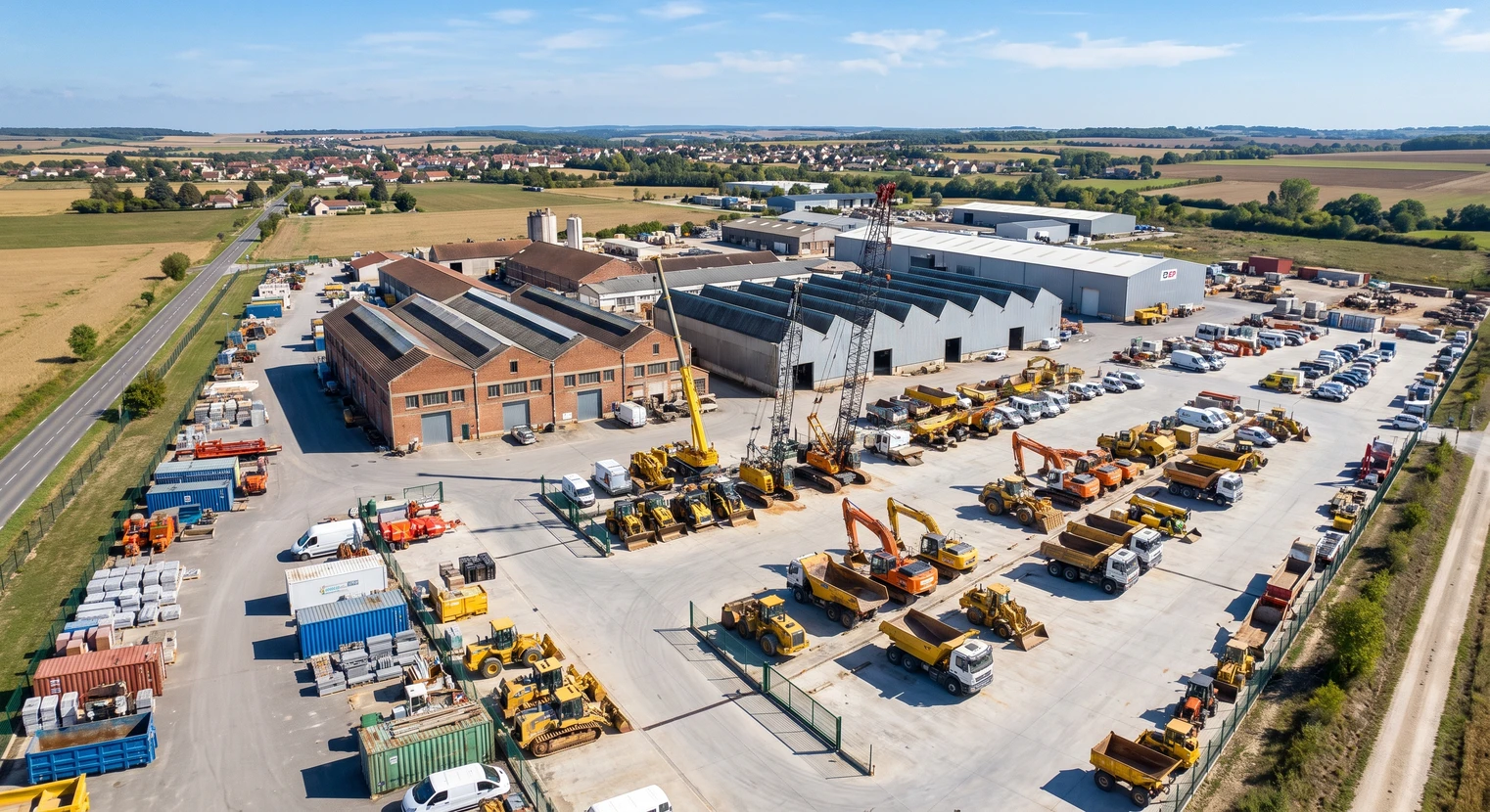 Vue aérienne ou perspective d'une vaste zone industrielle avec bâtiments de grande dimension, parc de matériel lourds variés (grues, pelleteuses, camions) stationnés en ordre sur le terrain, infrastructure de stockage visible, paysage dégagé montrant l'ampleur du site de 28 000 m² avec ciel dégagé. L'image doit transmettre la capacité opérationnelle, la professionnalité et la dimension remarquable des infrastructures sans personnages en évidence.