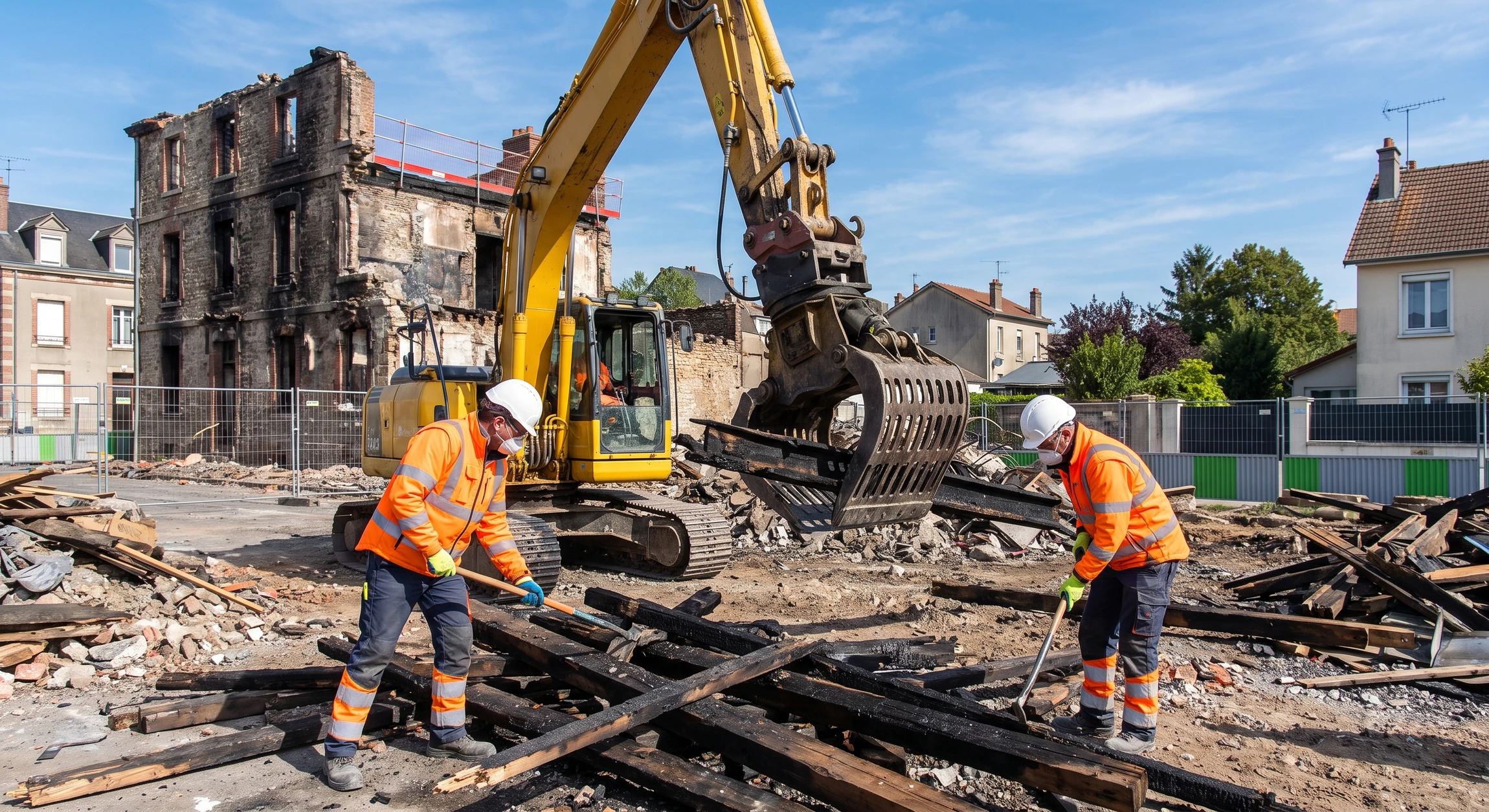 Photographie réaliste d'un chantier de démolition suite à incendie : vue de débris calcinés et structures endommagées d'un bâtiment, avec un ou deux ouvriers en équipement de protection complet (casque, gilet haute visibilité, masques de protection) effectuant les opérations de démolition et déblaiement. L'arrière-plan montre les traces du sinistre incendie et l'environnement de chantier de démolition en cours.