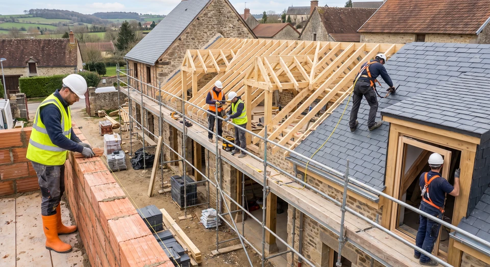 Photographie d'un chantier de construction en cours de réalisation montrant plusieurs artisans travaillant en coordination : un maçon posant des briques, un charpentier assemblant une structure de toiture, un couvreur posant des tuiles ou ardoises, et un poseur de fenêtres installant une menuiserie. Les différents corps de métier sont visibles simultanément sur différentes zones du chantier, mettant en évidence la coordination et la gestion d'un projet globalisé. Image prise en hauteur ou légèrement en plongée pour montrer l'ampleur du chantier, avec équipements de sécurité visibles (casques, harnais), en lumière naturelle de jour.