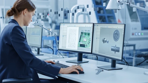 Ingénieure en bureau d'études travaillant sur double écran, analysant des plans techniques et modèles 3D de composants mécaniques