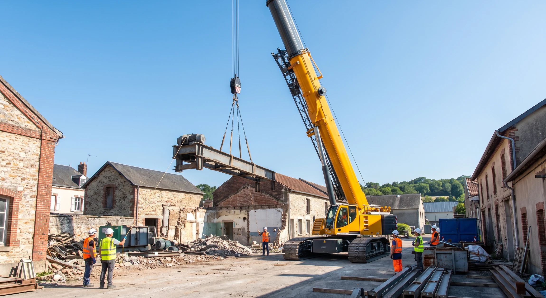 Photographie réelle d'une grue de levage industriel mobile sur chenilles, équipée d'une flèche télescopique jaune et noire, en action sur un chantier de démolition ou rénovation. La grue soulève une charge importante (machine, poutre métallique ou matériel lourd) à plusieurs mètres de hauteur. En arrière-plan, des structures de bâtiment dégradé ou chantier, du ciel dégagé, et quelques membres d'équipe au sol en équipement de sécurité (casque, gilet haute visibilité). Photographie prise de jour, sous éclairage naturel, mettant l'accent sur la puissance et la précision du levage industriel.