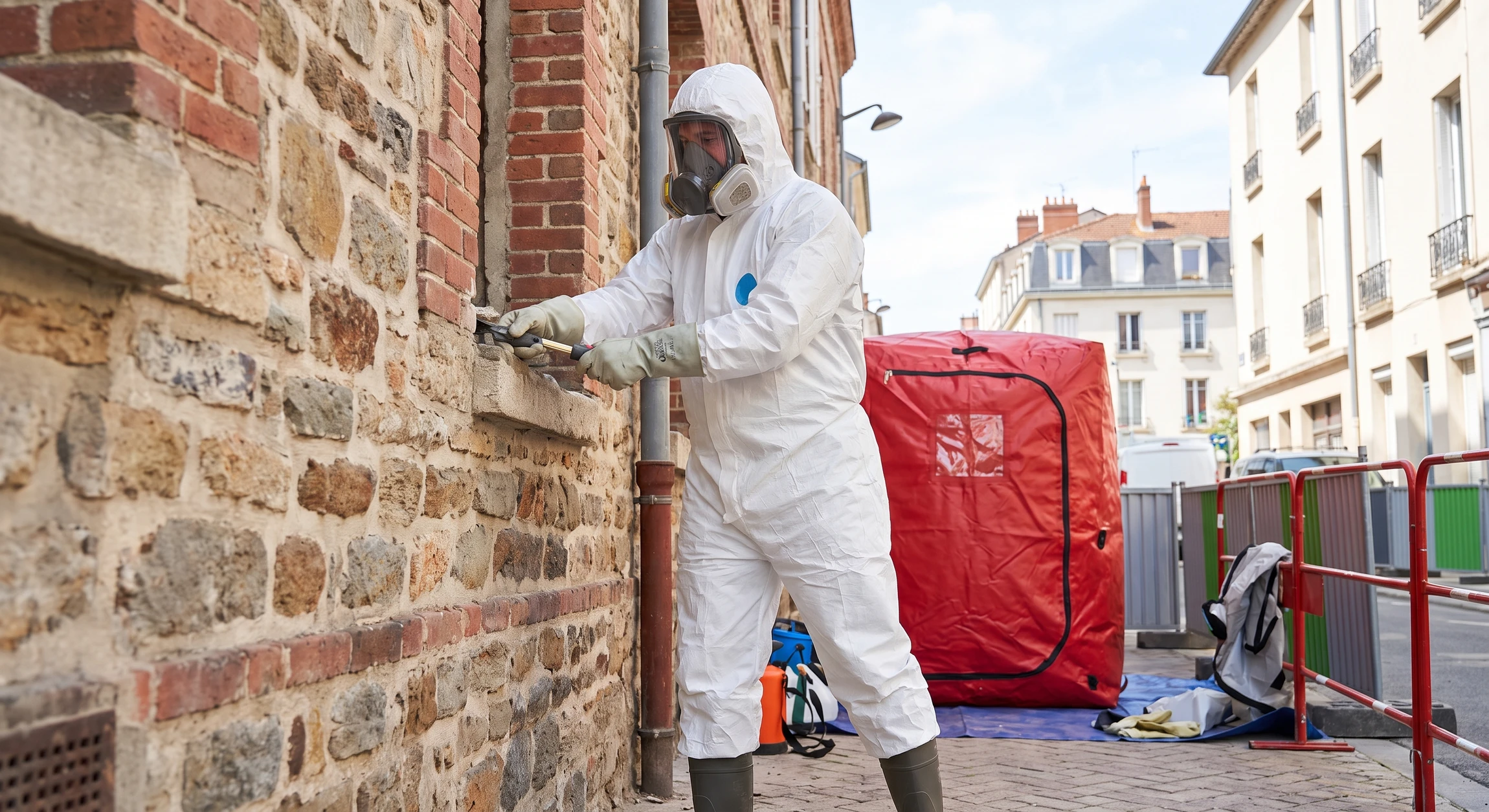 Technicien en combinaison de protection blanche intégrale avec masque respiratoire et gants effectuant le retrait soigneux d'amiante d'une structure bâtie, en utilisant des outils de démolition/extraction, avec des sacs de confinement visibles en arrière-plan sur chantier. La scène doit refléter le professionnalisme et la sécurité du désamiantage d'un bâtiment.