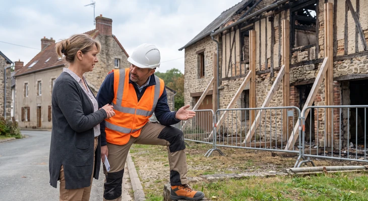 Ouvrier en bâtiment sur chantier de construction tenant un casque de sécurité blanc, ceinture à outils jaune visible, chantier avec structures métalliques et engins de terrassement en arrière-plan sous ciel dégagé
