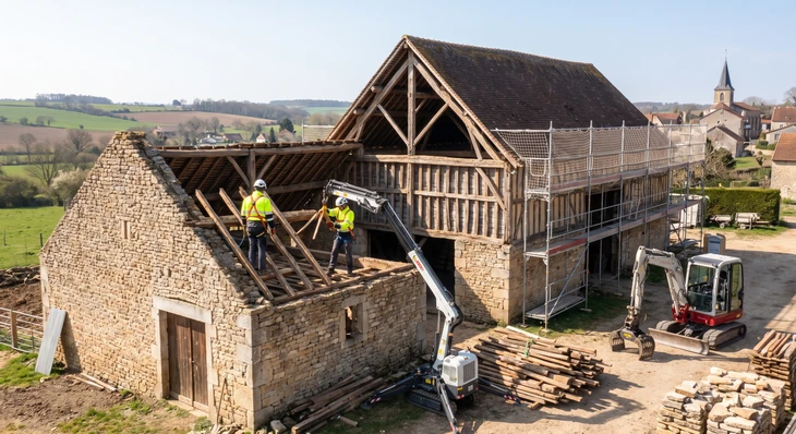 Ouvrier en bâtiment sur chantier de construction tenant un casque de sécurité blanc, ceinture à outils jaune visible, chantier avec structures métalliques et engins de terrassement en arrière-plan sous ciel dégagé