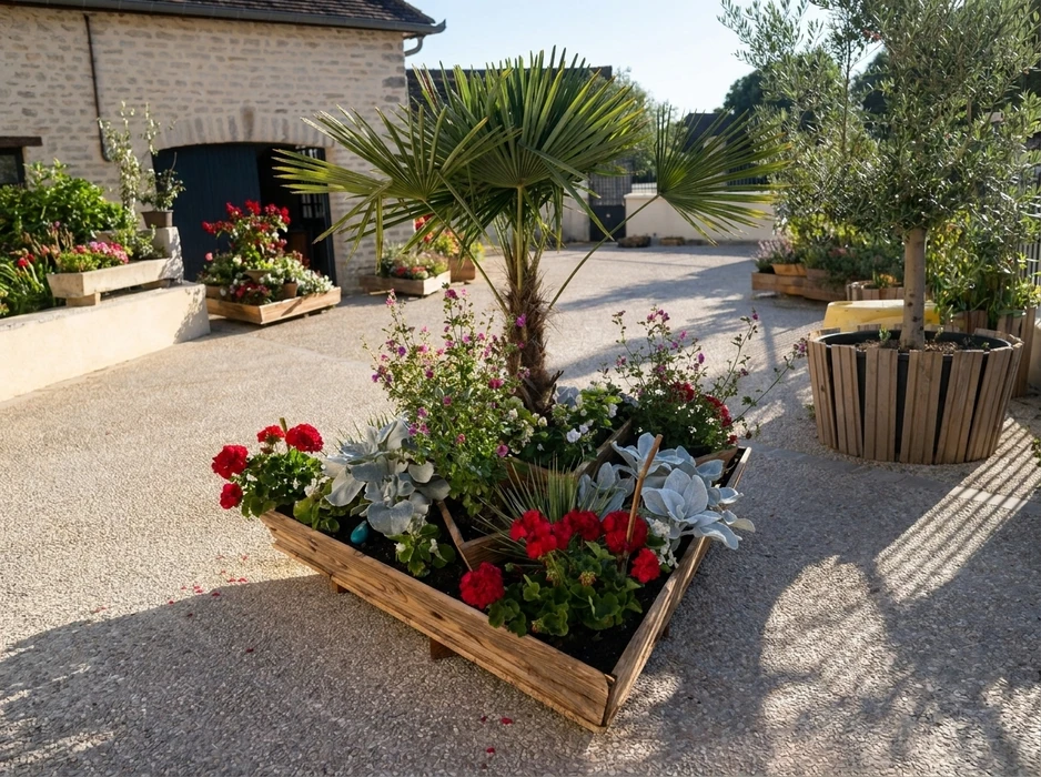 Cour extérieure d'un jardin paysager avec plusieurs jardinières en bois sur gravier