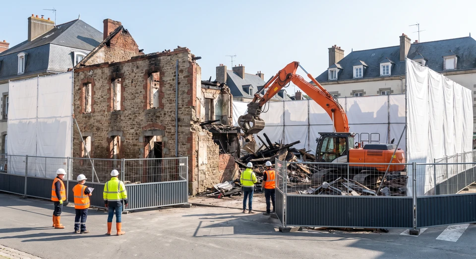 Un site de bâtiment partiellement ou totalement détruit par incendie, entouré de barrières de sécurité, de signalisation d'interdiction d'accès, et de structures de confinement. On voit des gravats, débris calcinés, et dans le contexte, un engin de démolition (pelle mécanique) ou des équipes en équipement de sécurité (casques, vêtements de protection) intervenant sur les ruines. La scène doit transmettre l'urgence, la professionnalité et la maîtrise de la situation dans un environnement de démolition post-incendie.