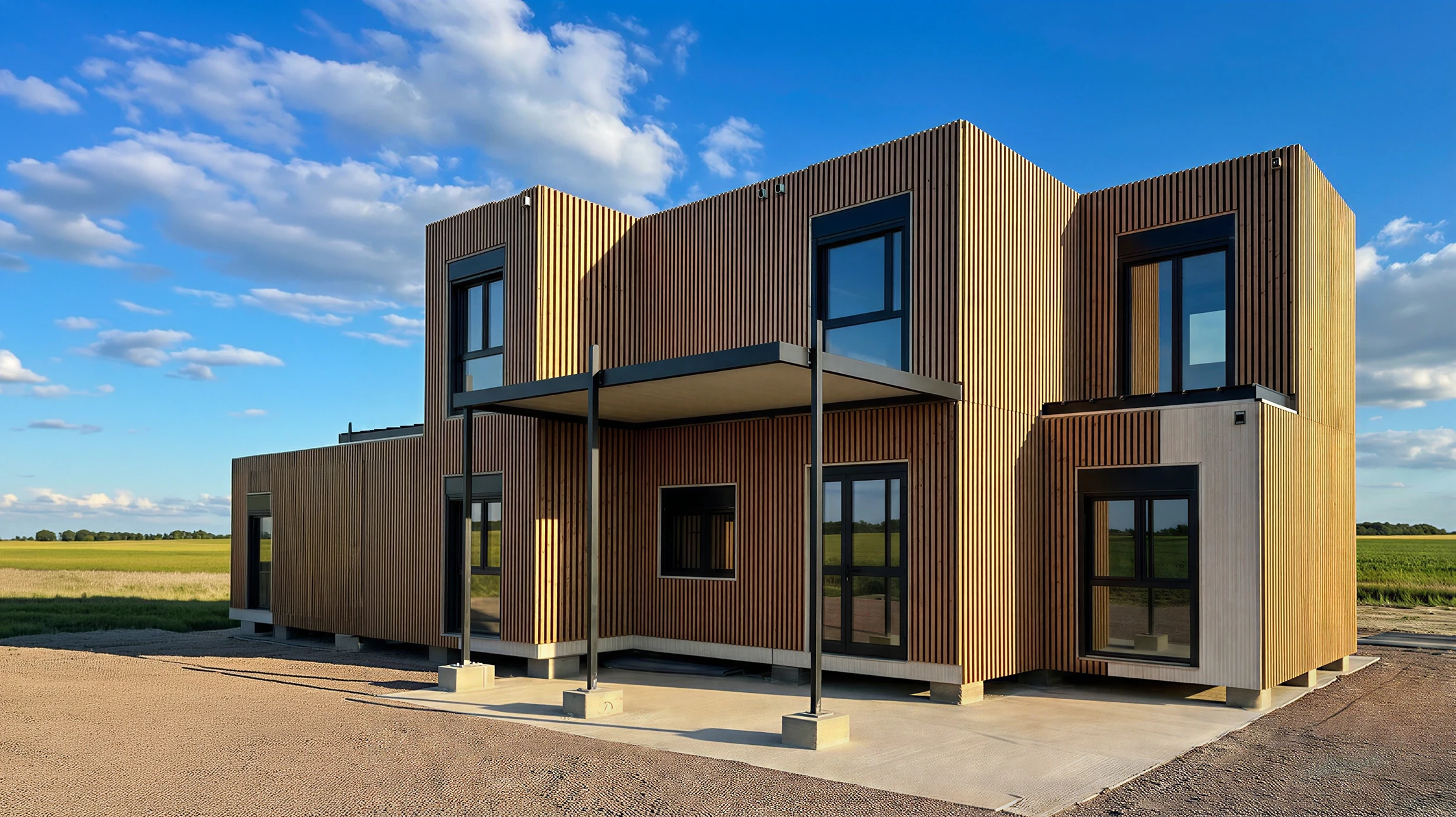 Chantier de construction d'infrastructure en béton avec piliers et poutres préfabriquées