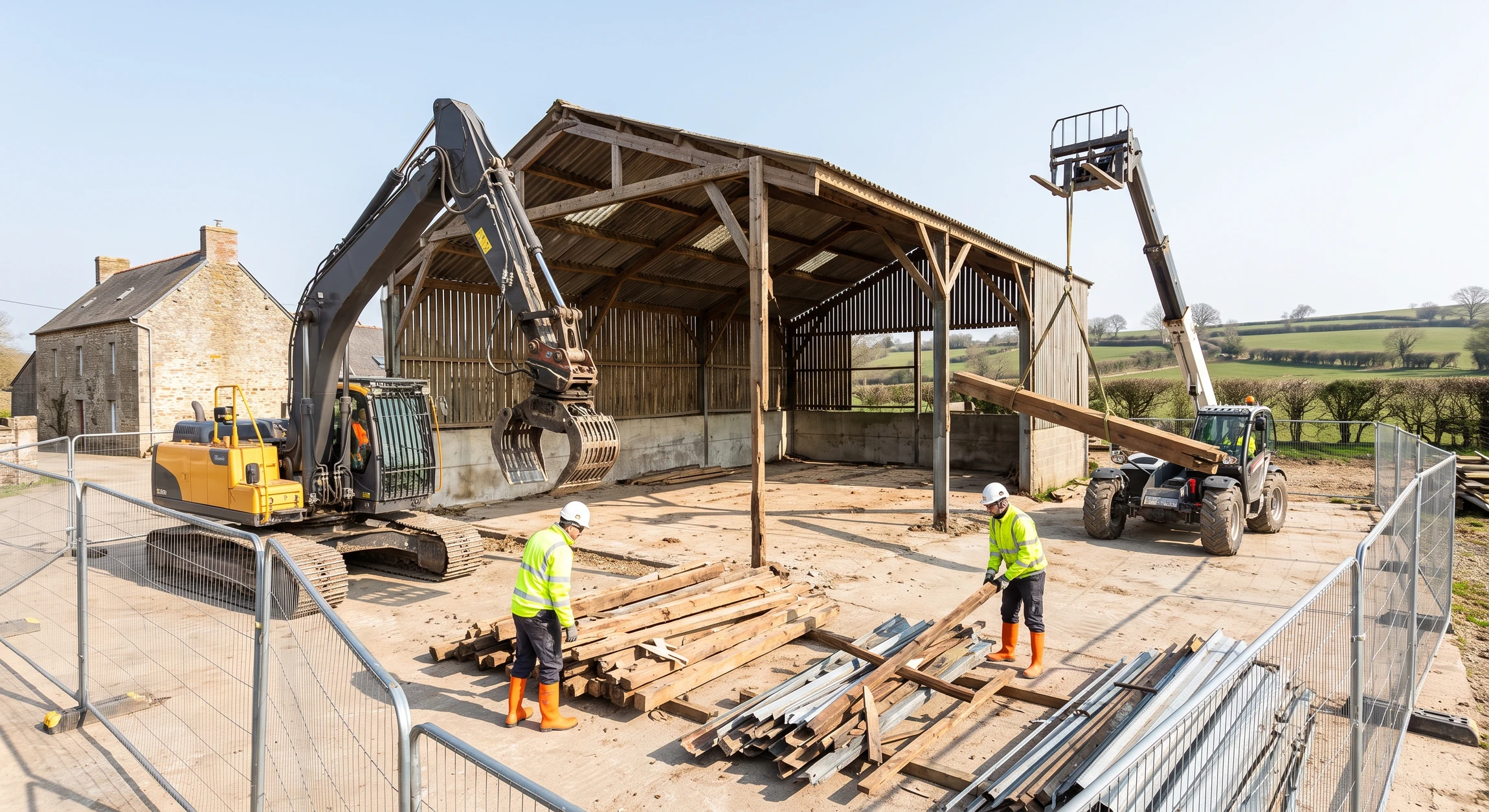 Chantier de démolition en extérieur avec pelleteuse hydraulique orange détruisant un bâtiment résidentiel à étages
