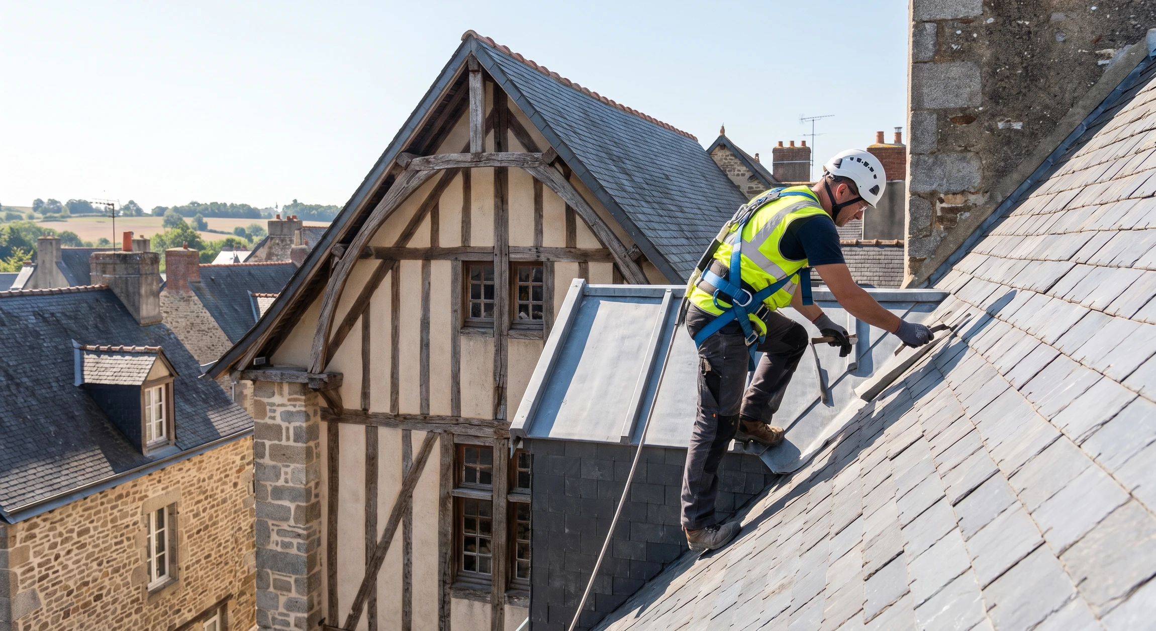 Vue aérienne d'un chantier de construction avec grue mobile rouge, matériaux de construction stockés sur dalle béton