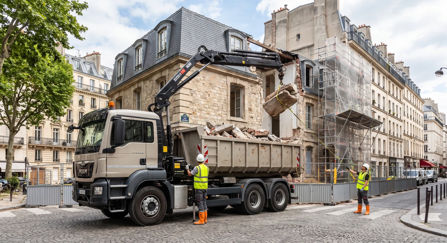 Scène extérieure d'un complexe d'affaires moderne avec bâtiments contemporains en béton blanc et brique rouge