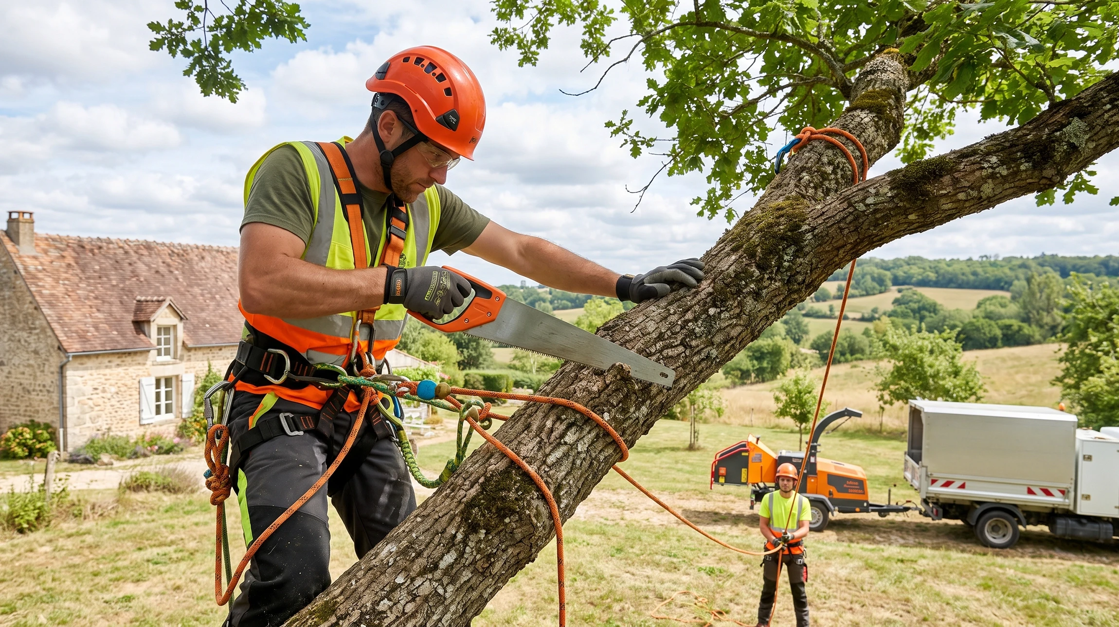 Arboriste professionnel équipé d'un harnais de sécurité et d'un casque, positionné en hauteur dans la ramure d'un arbre, effectuant l'élagage ou l'abattage à l'aide d'outils professionnels (tronçonneuse ou scie), sous un ciel ensoleillé ou nuageux. L'arbre doit être clairement visible et identifiable, l'équipement de sécurité apparent et professionnel, et la scène doit transmettre une impression de travail technique, sérieux et sécurisé dans un environnement naturel.